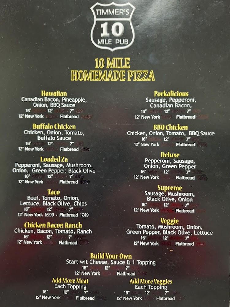 Timmer's 10 Mile Pub Menu image 1